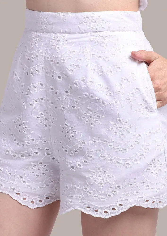 White schiffli lace detailing shirt with high-waisted shorts set IKI CHIC Private Ltd