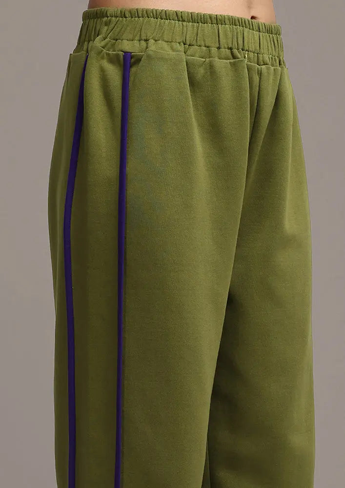 Olive Green Colorblock Jacket with Straight Leg Pants Set IKI CHIC Private Ltd