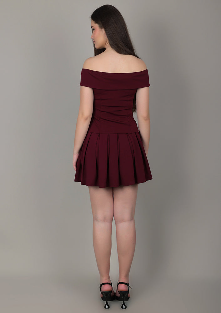 Burgundy Off-Shoulder top with Skirt IKI CHIC Private Ltd.
