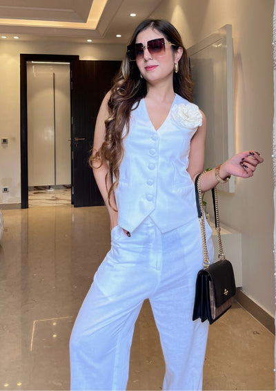 White Sleeveless Front Button-Up Vest With High Waisted Pants