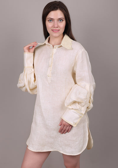 Beige Linen Shirt with Floral Wrap Skirt