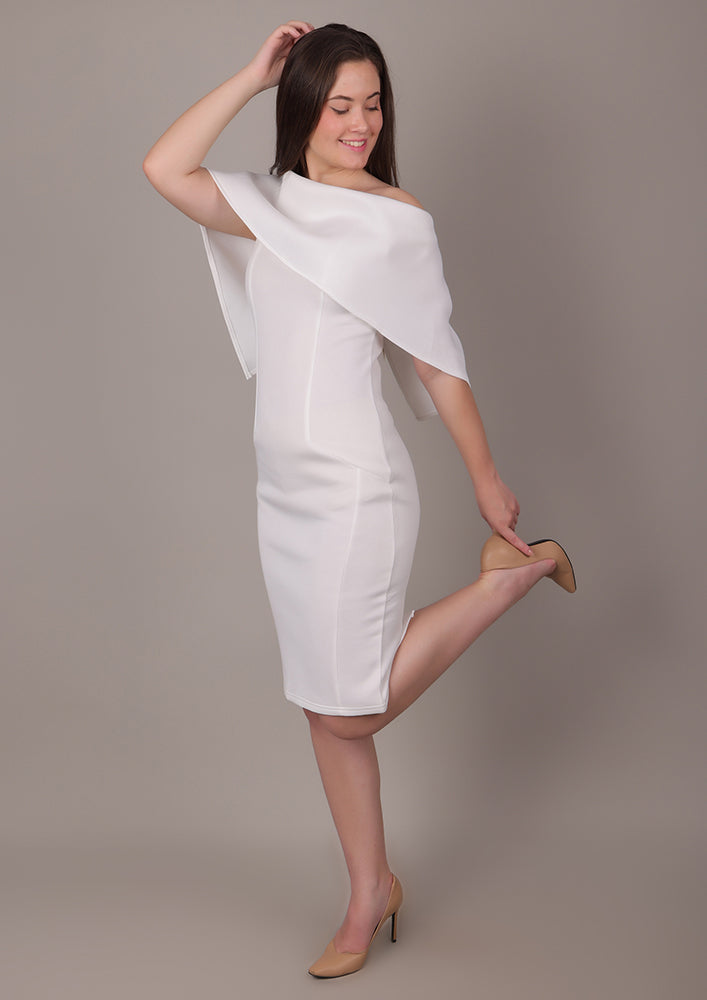 White Off-Shoulder Scuba Midi Dress