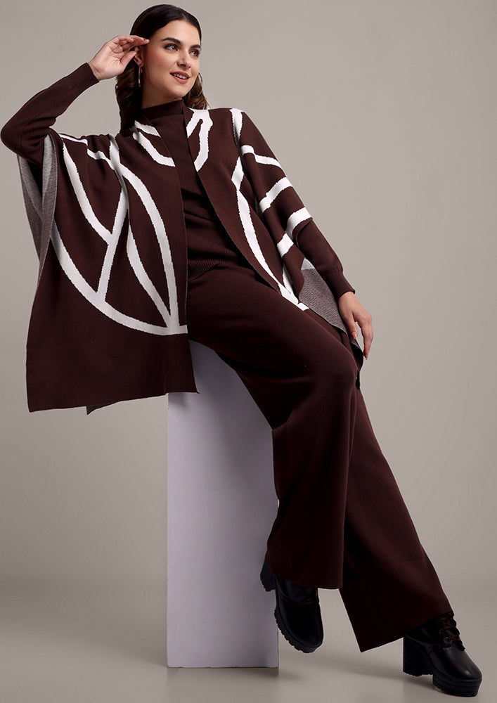 Dark Brown Long Sleeve Top With Kaftan Shrug And Pants Set