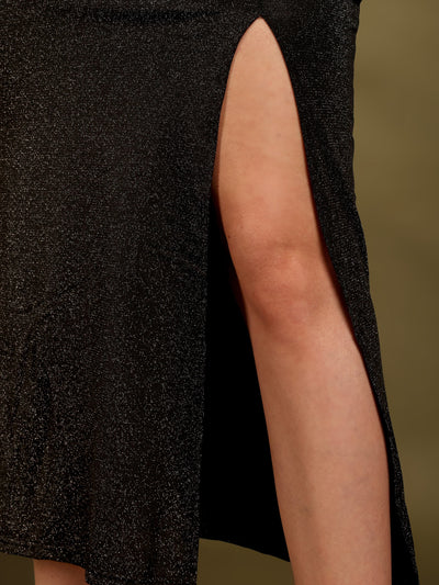 Black Shimmer Bodycon Midi Dress with Slit