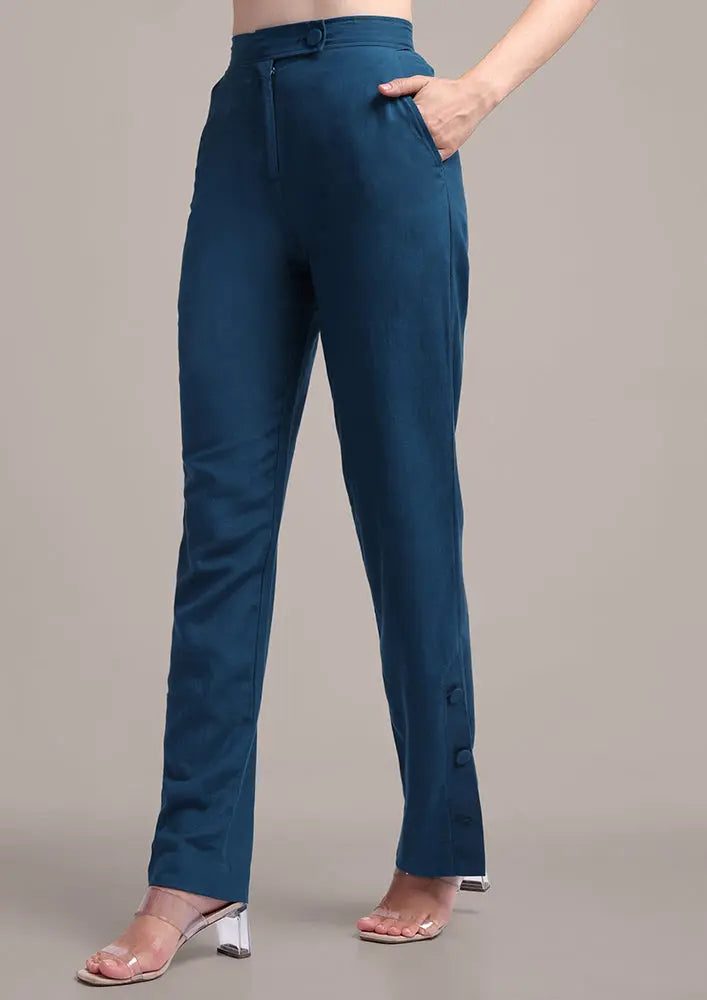 Teal Blue Asymmetric Chain Strapped Top With High Waisted Pants IKI CHIC Private Ltd