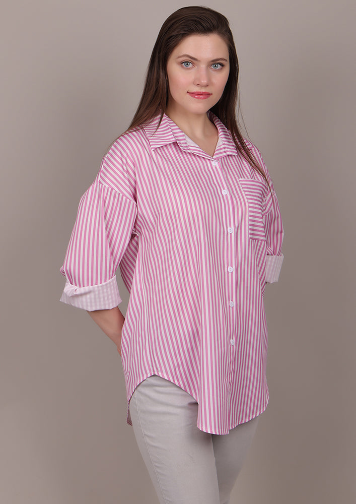 Pink striped shirt with a horizontal-striped pocket IKI CHIC Private Ltd.