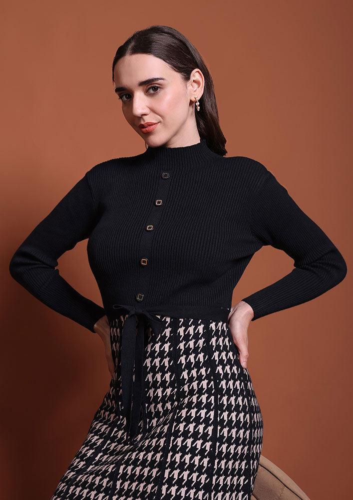 Black Mock Neck Woolen Midi Dress