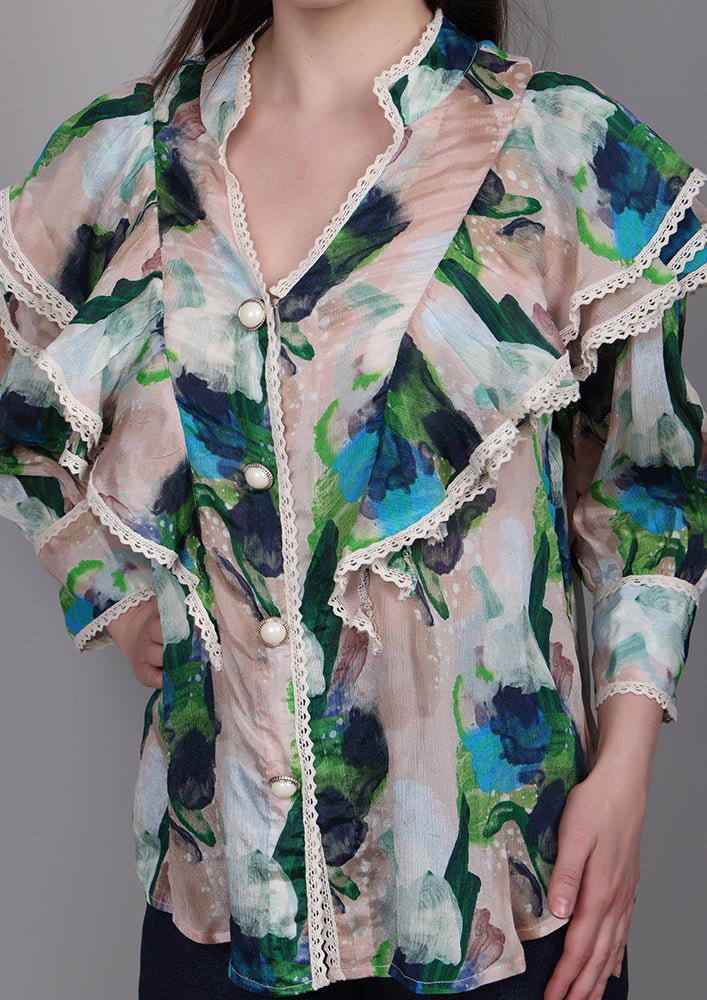 Beige printed chiffon ruffle shirt with lace and pearl buttons