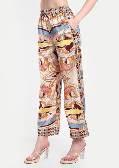 Printed Satin Halter Tie Crop Top And Wide Leg Pants Set
