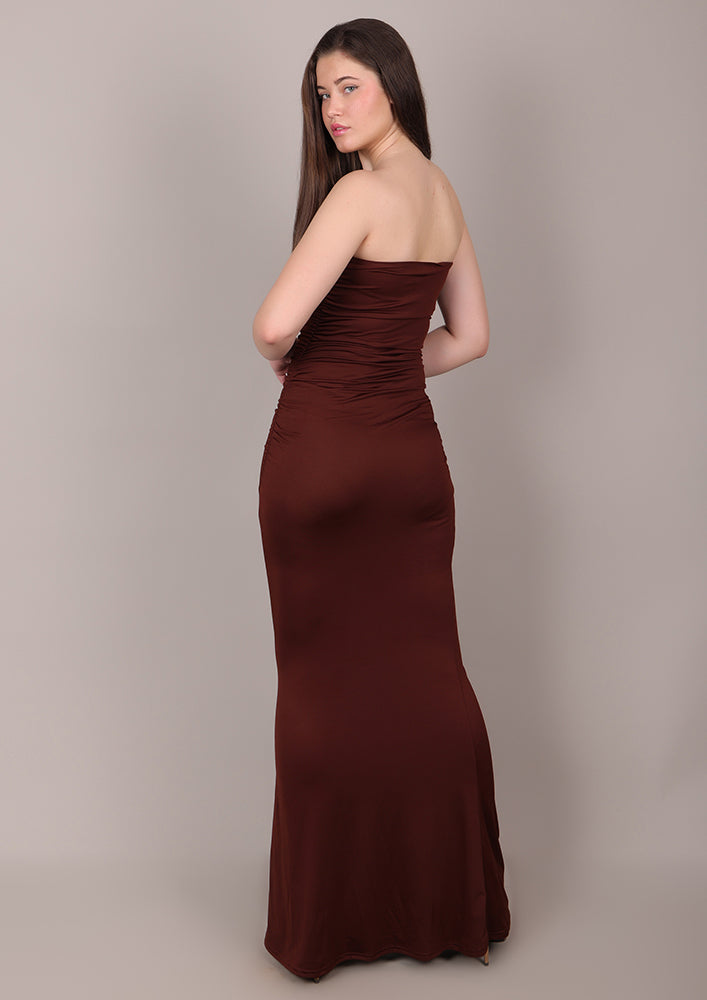 Brown Tube Ruched Long Dress