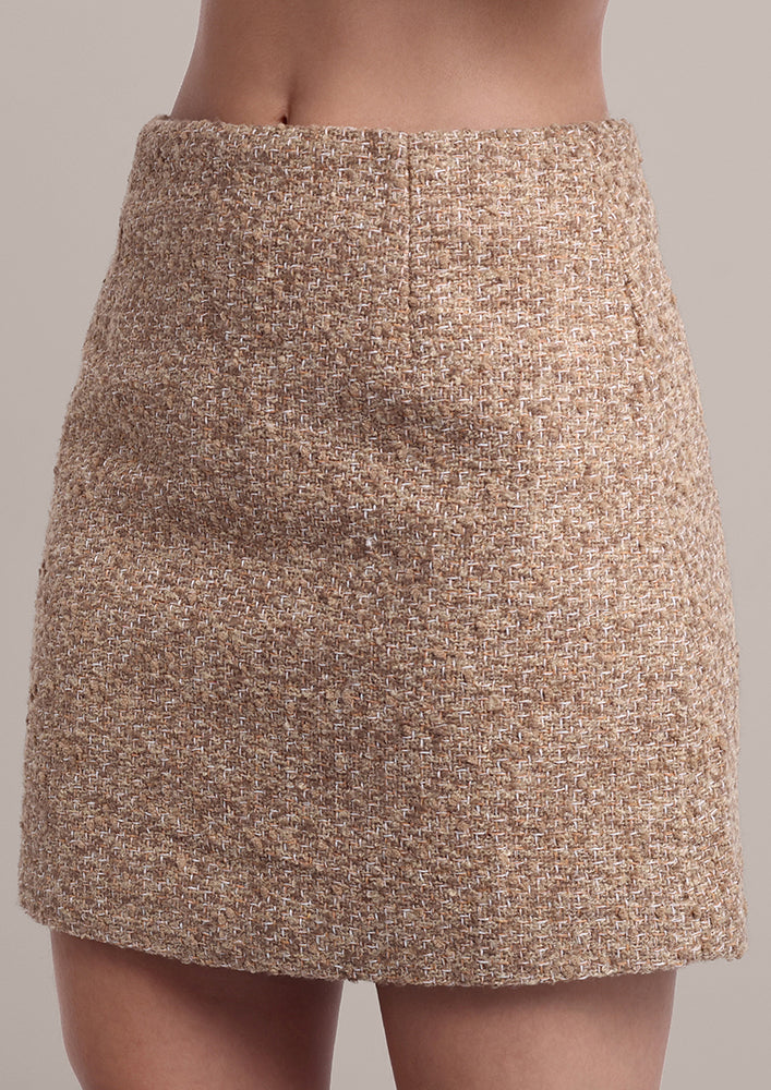 Light Brown Fitted Tweed Jacket With Mini Skirt