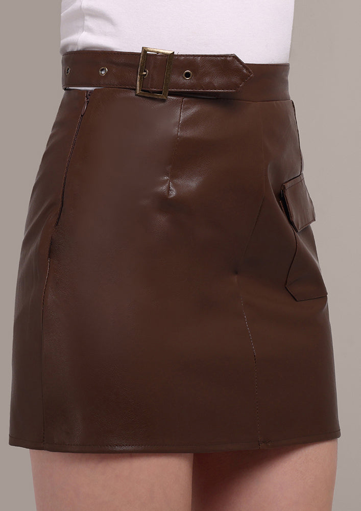 Brown Leather Jacket and Belted Mini Skirt Set