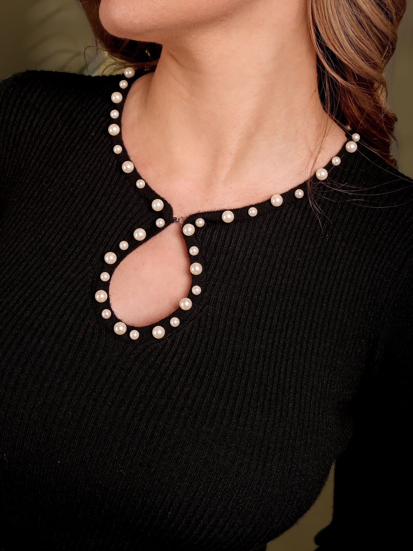 Black Keyhole Knitted Midi Dress With Pearl Detailing