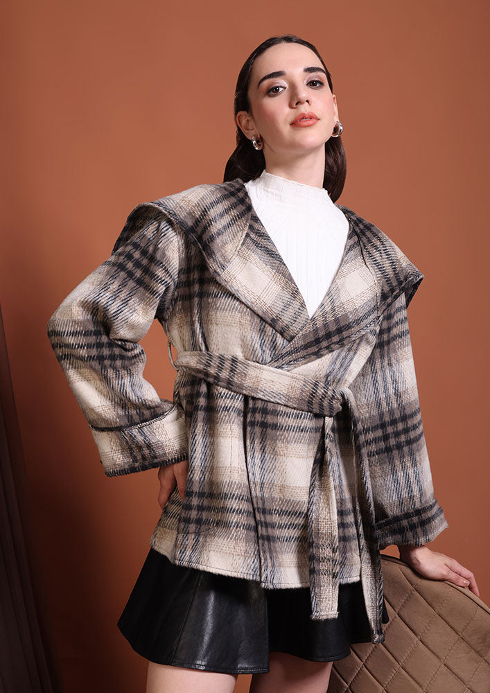 Beige & Brown Check Print Jacket