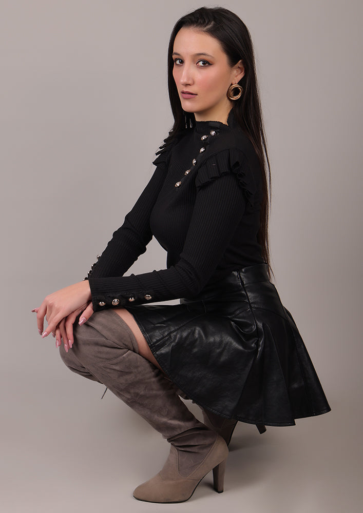 Black Leather Mini A-Line Skirt IKI CHIC Private Ltd.