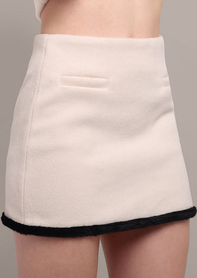 Off-White Blazer Skirt Set with Fur Detailing