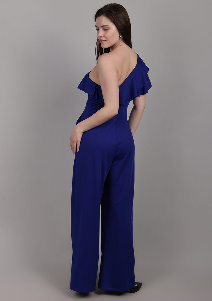 Blue One-Shoulder Jumpsuit with Front Ruffle