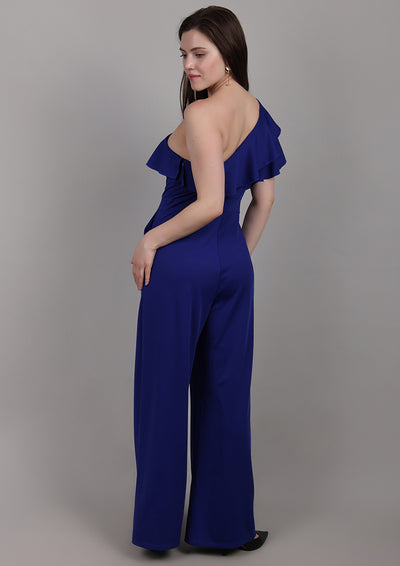 Blue One-Shoulder Jumpsuit with Front Ruffle