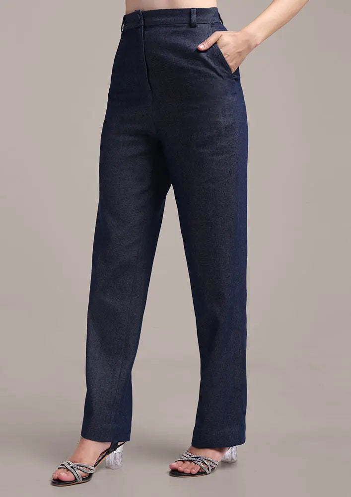 Embellished Lapel Collared Blue Denim Vest With High Waisted Pants Set IKI CHIC Private Ltd