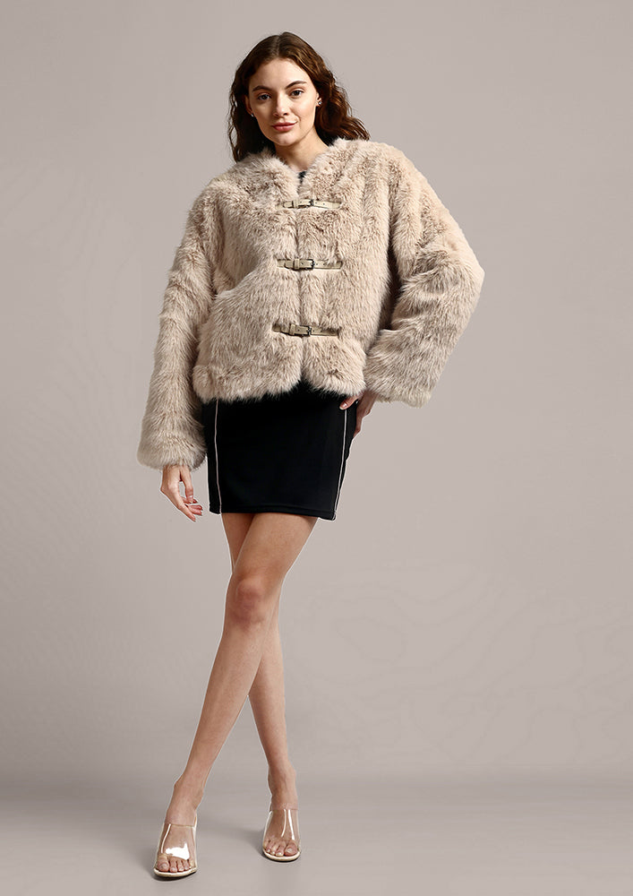 Beige Faux Fur Short Jacket With Leather Buckles
