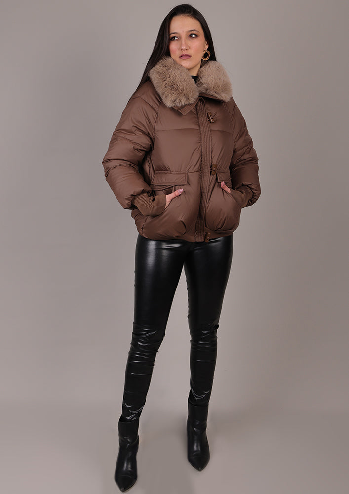 Brown Puffer Jacket With Detachable Fur Collar IKI CHIC Private Ltd.