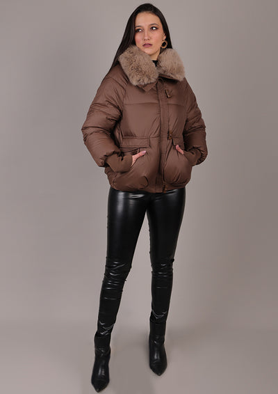 Brown Puffer Jacket With Detachable Fur Collar