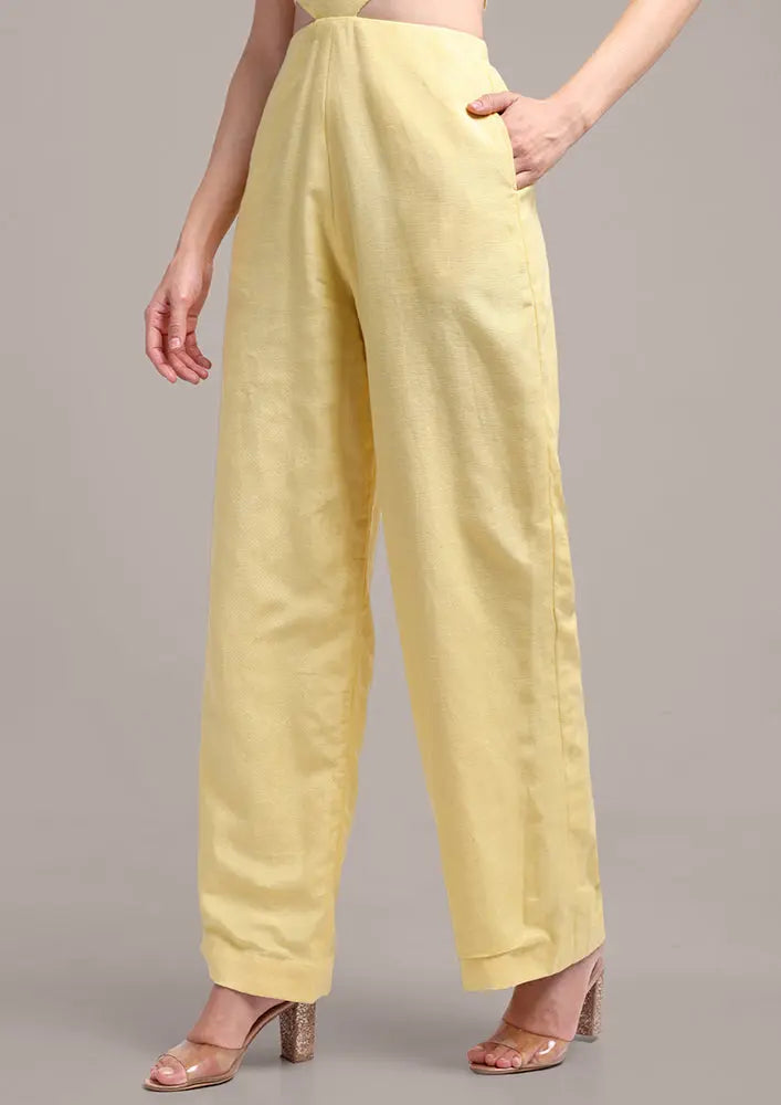 Yellow Halterneck Cut Out Design Sleeveless Linen Jumpsuit IKI CHIC Private Ltd