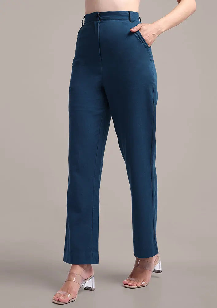 Teal Blue Sleeveless Front Button-Up Vest With High Waisted Pants IKI CHIC Private Ltd