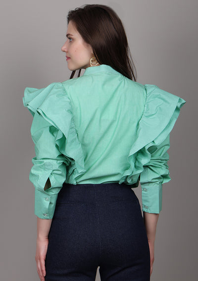 Mint Green Poplin Oversized Shirt with Ruffle Detailing & Embellishments