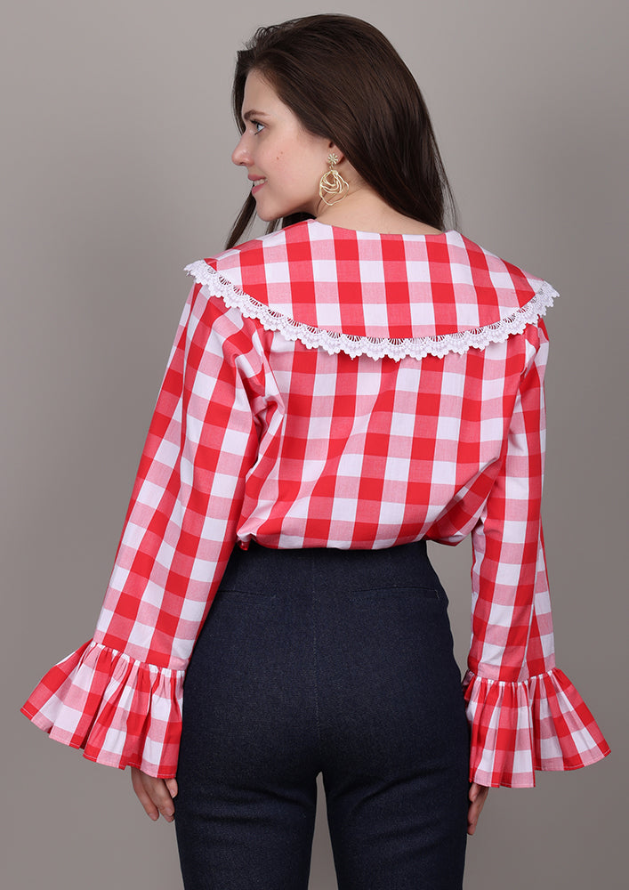 Red and White Check Shirt With Sailor Collar IKI CHIC Private Ltd.