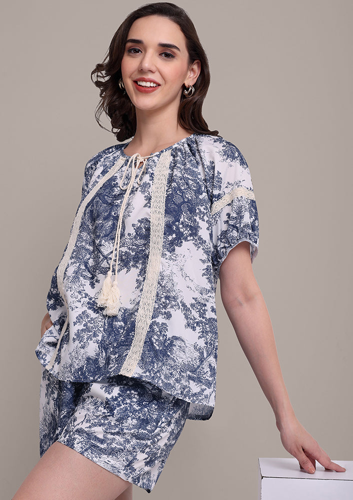 Blue Tree print lace Co-ord Set IKI CHIC Private Ltd.