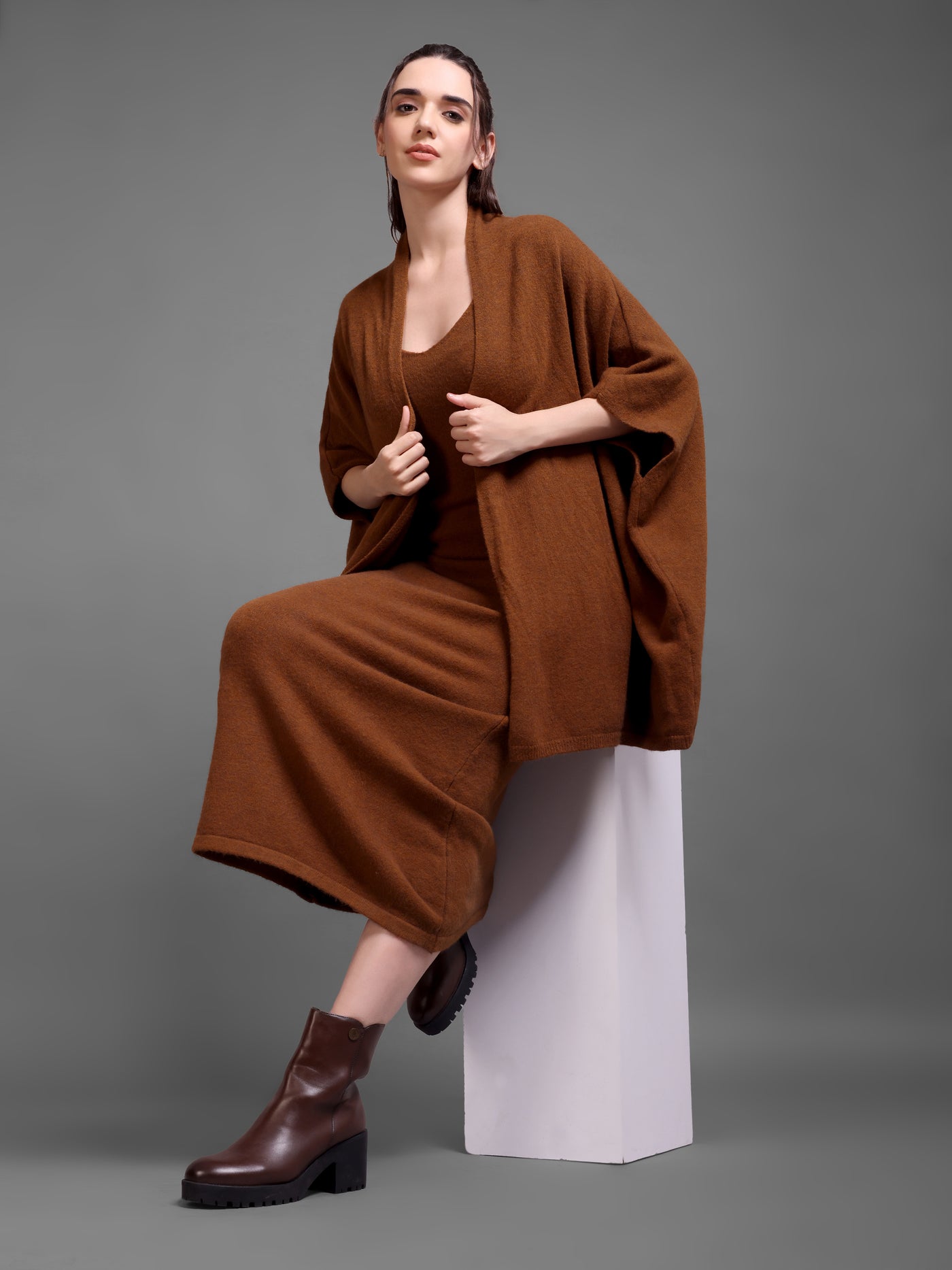 Brown Sleeveless Knit Dress with Matching Cape