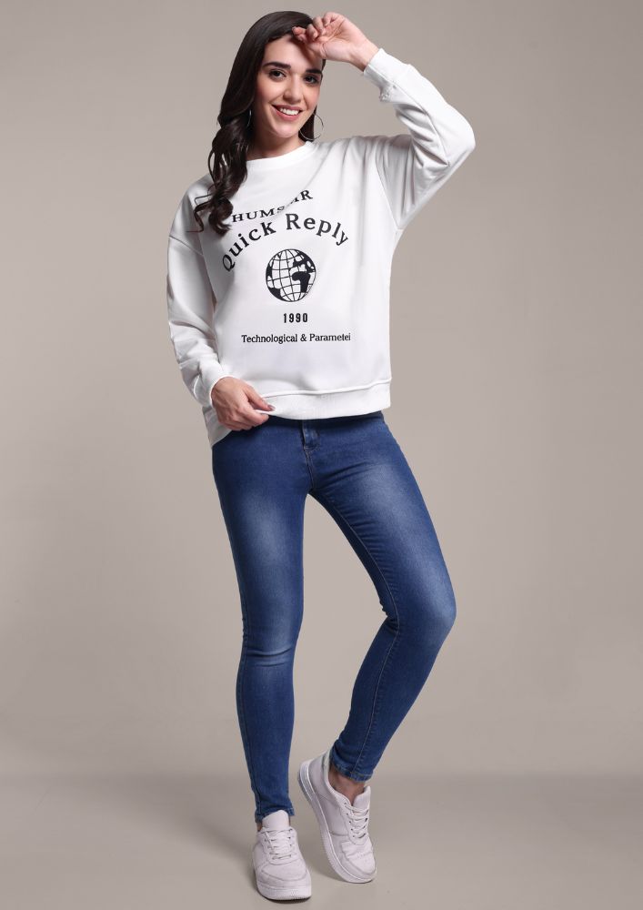 White Round Neck Graphic Print Sweatshirt