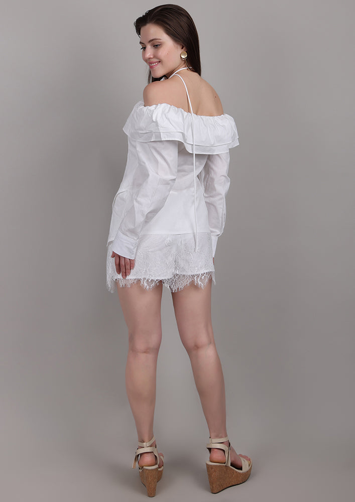 White Off-Shoulder Set with Front Ruffles & Rose Neck Accessory