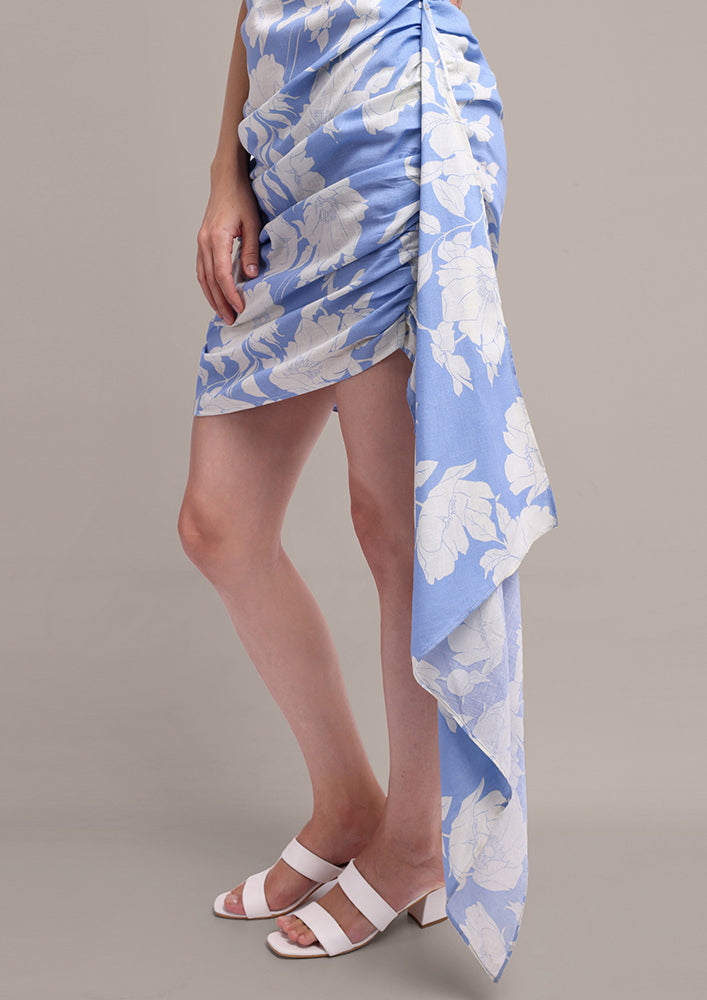 Printed Linen Halter Neck Dress With Side Trail