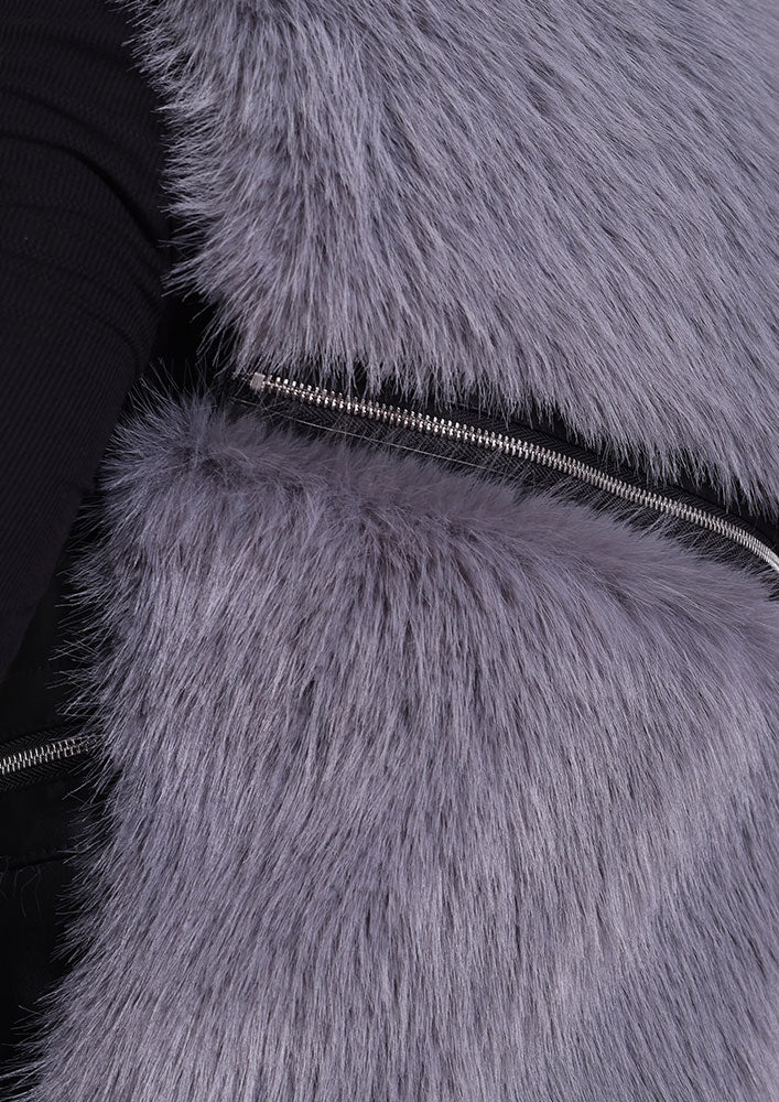 Grey Faux Fur Statement Vest with PU Lapel