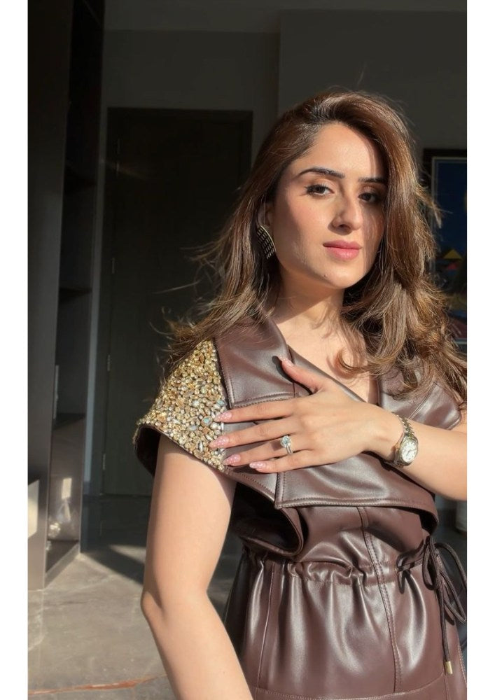 Dark Brown Leather Sleeveless Jacket with Shoulder Embellishments