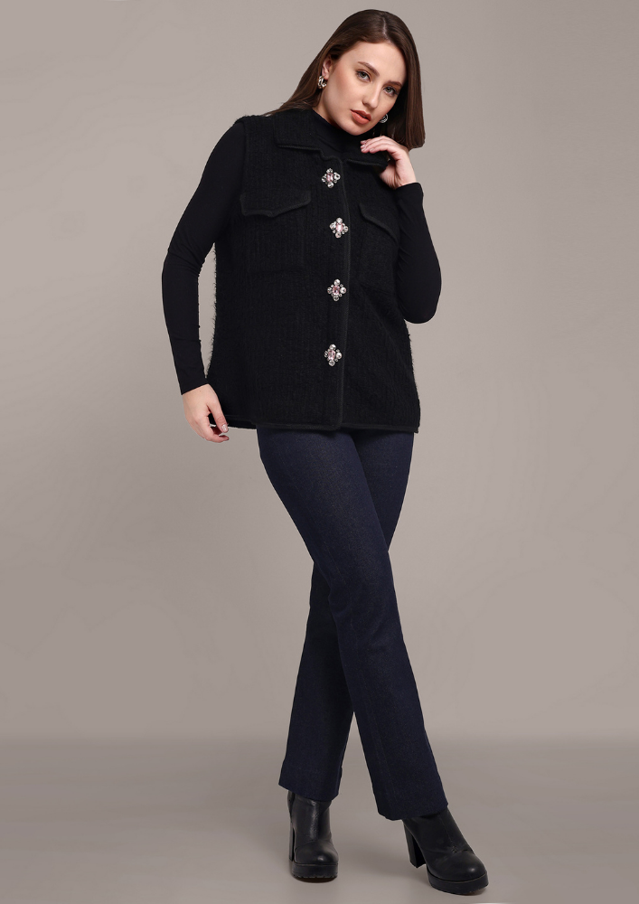Black Woolen Vest with Victorian Embellishments IKI CHIC Private Ltd.