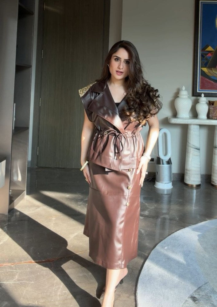 Dark Brown Leather Sleeveless Jacket with Shoulder Embellishments