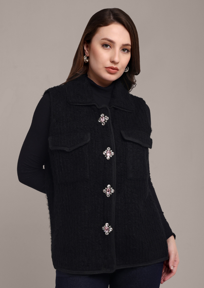 Black Woolen Vest with Victorian Embellishments