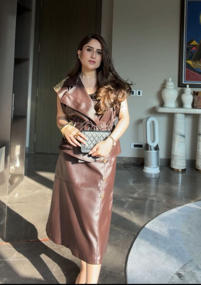 Dark Brown Leather Sleeveless Jacket with Shoulder Embellishments