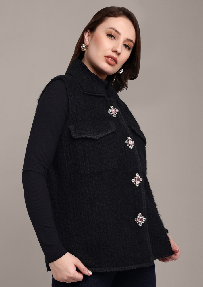 Black Woolen Vest with Victorian Embellishments IKI CHIC Private Ltd.