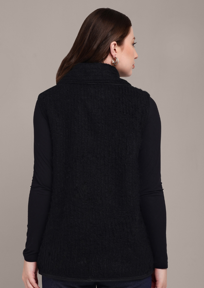 Black Woolen Vest with Victorian Embellishments IKI CHIC Private Ltd.
