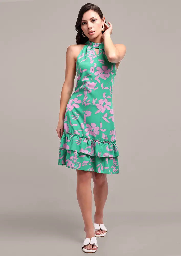 Green & Pink Floral Print Halter Neck Dress – IKI CHIC