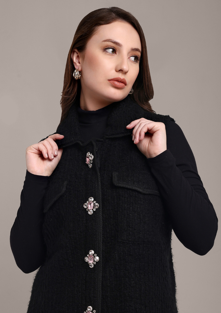 Black Woolen Vest with Victorian Embellishments IKI CHIC Private Ltd.