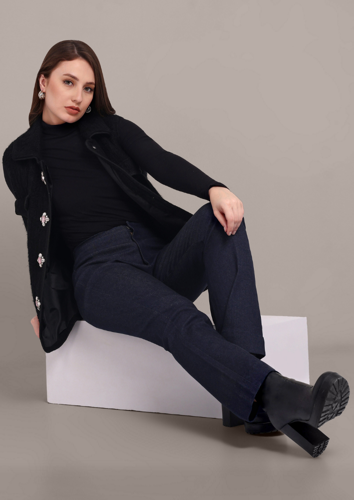 Black Woolen Vest with Victorian Embellishments IKI CHIC Private Ltd.