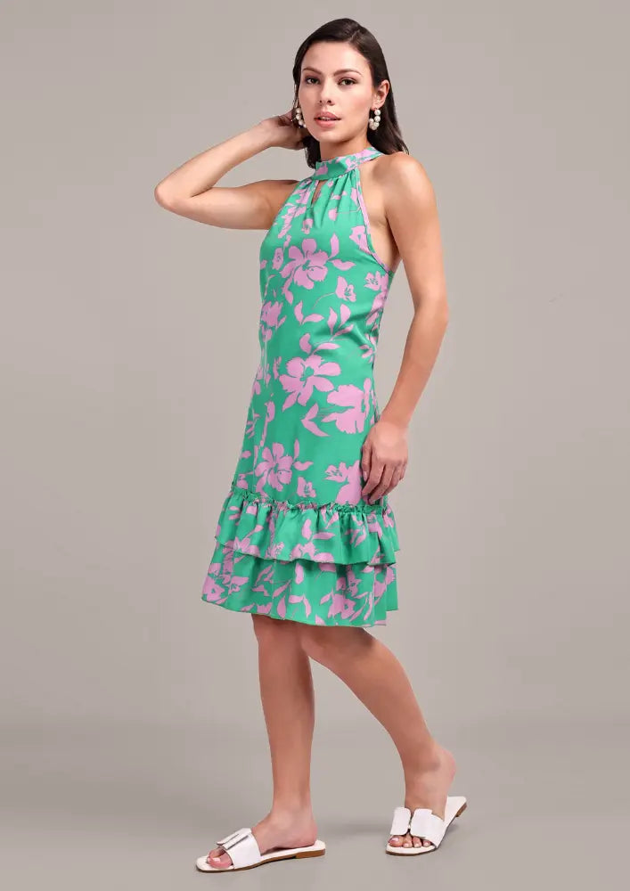 Green & Pink Floral Print Halter Neck Dress – IKI CHIC