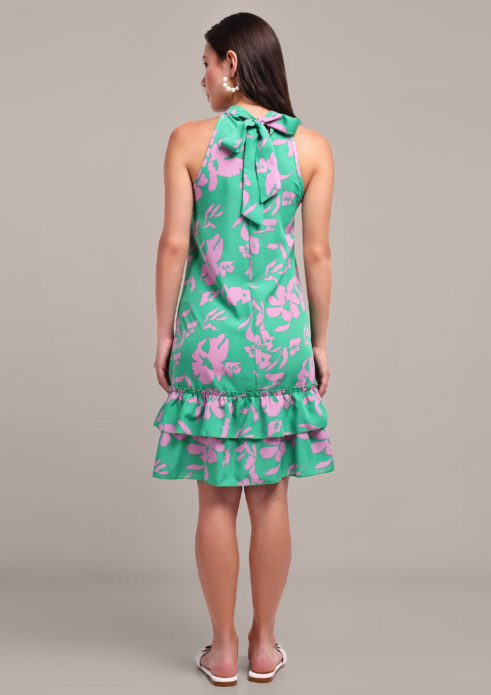 Green & Pink Floral Print Halter Neck Dress