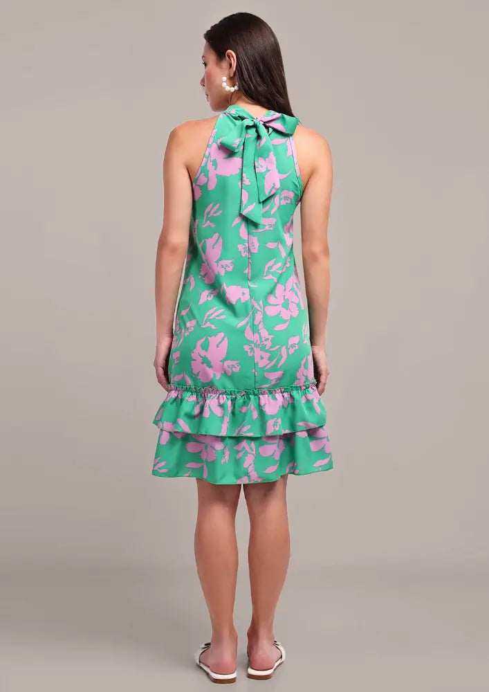 Green & Pink Floral Print Halter Neck Dress – IKI CHIC