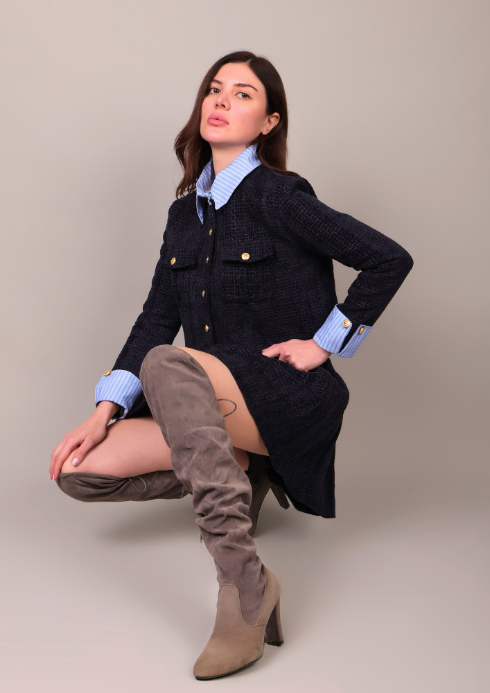 Navy Blue Gold Detail Jacket & High-Waisted Skirt